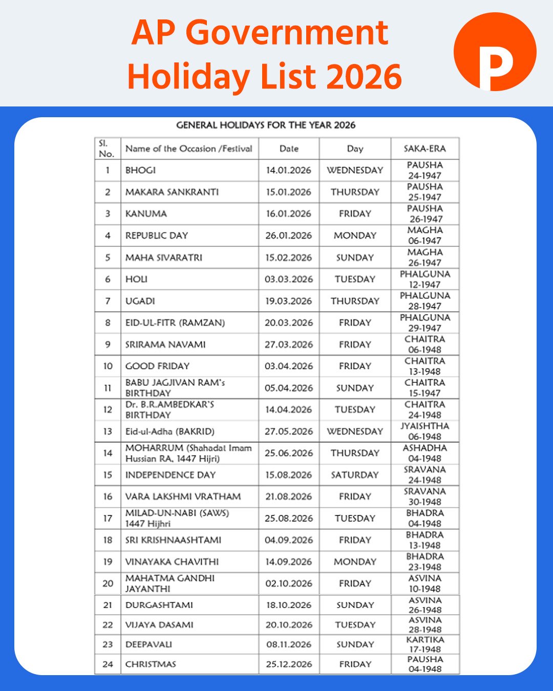 AP Government Holiday List 2026 (Telugu), List of Holidays 2026 Andhra Pradesh Govt G.O. PDF Download Free